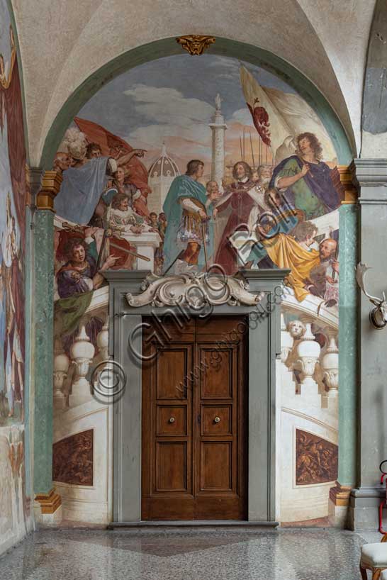 Medici Villa La Petraia, courtyard: “Giuliano Duke of Nemours and Lorenzo Duke of Urbino on the Capitoline Hill”, fresco from the cycle of the Fasti Medicei by Volterrano (Baldassarre Franceschini), 1636-1647.The scene, set on the Capitoline Hill, shows Giuliano passing the title of Captain General of the Church to his nephew Lorenzo.