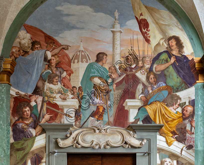 Medici Villa La Petraia, courtyard: “Giuliano Duke of Nemours and Lorenzo Duke of Urbino on the Capitoline Hill”, fresco from the cycle of the Fasti Medicei by Volterrano (Baldassarre Franceschini), 1636-1647.The scene, set on the Capitoline Hill, shows Giuliano passing the title of Captain General of the Church to his nephew Lorenzo.Detail.