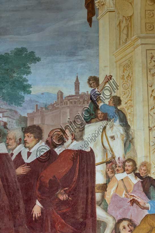 Medici Villa La Petraia, courtyard: “Triumphal entry of Cosimo I into Siena”, fresco from the cycle of the Fasti Medicei by Volterrano (Baldassarre Franceschini), 1636-1647.In 1555 Cosimo I de' Medici conquered Siena with the help of the Imperials, a military feat which later earned him the title of Grand Duke, therefore a crucial moment for the Medici house. The fresco, with clear celebratory intentions, shows Cosimo making his triumphal entry into the city gates on a golden chariot, followed by a large group of dignitaries, welcomed by the Sienese senators and some citizens. Above, a winged Victory crowns him with a laurel wreath.Detail with dignitaries.