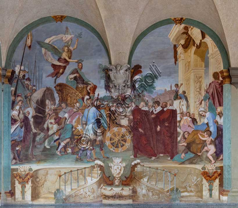 Medici Villa La Petraia, courtyard: “Triumphal entry of Cosimo I into Siena”, fresco from the cycle of the Fasti Medicei by Volterrano (Baldassarre Franceschini), 1636-1647.In 1555 Cosimo I de' Medici conquered Siena with the help of the Imperials, a military feat which later earned him the title of Grand Duke, therefore a crucial moment for the Medici house. The fresco, with clear celebratory intentions, shows Cosimo making his triumphal entry into the city gates on a golden chariot, followed by a large group of dignitaries, welcomed by the Sienese senators and some citizens. Above, a winged Victory crowns him with a laurel wreath.