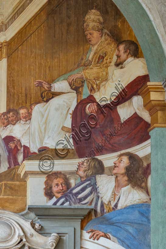 Villa medicea La Petraia, cortile: “Incontro fra papa Leone X e Francesco I di Francia”. affresco del ciclo dei Fasti Medicei del Volterrano (Baldassarre Franceschini), 1636-1647.Nel 1515 Francesco I di Francia incontrò a Bologna papa Leone X per chiarire il possesso dei ducati di Parma e Piacenza.Al centro il re di Francia Francesco I, col collare dell'Ordine di San Michele e la mantella trapuntata di gigli di Francia, dietro il quale si vede una personificazione in statua dell'Ecclesia sormontata dallo stemma Medici con le chiavi di san Pietro e la tiara; a sinistra infine il gruppo di dignitari francesi. Tra i prelati  Luca Citerni, cappellano di Lorenzo de' Medici (il committente), Particolare.