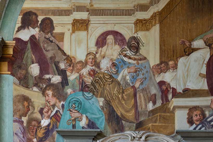 Villa medicea La Petraia, cortile: “Incontro fra papa Leone X e Francesco I di Francia”. affresco del ciclo dei Fasti Medicei del Volterrano (Baldassarre Franceschini), 1636-1647.Nel 1515 Francesco I di Francia incontrò a Bologna papa Leone X per chiarire il possesso dei ducati di Parma e Piacenza.Al centro il re di Francia Francesco I, col collare dell'Ordine di San Michele e la mantella trapuntata di gigli di Francia, dietro il quale si vede una personificazione in statua dell'Ecclesia sormontata dallo stemma Medici con le chiavi di san Pietro e la tiara; a sinistra infine il gruppo di dignitari francesi. Tra i prelati  Luca Citerni, cappellano di Lorenzo de' Medici (il committente), Particolare.