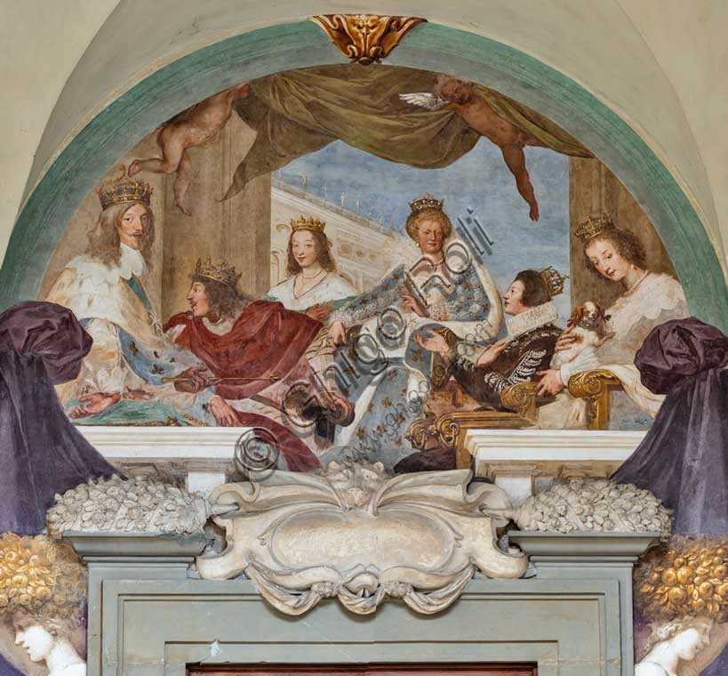 Medici Villa La Petraia, courtyard: “Maria De’ Medici and her Children”, fresco from the cycle of the Fasti Medicei by Volterrano (Baldassarre Franceschini), 1636-1647.Maria de' Medici with her children Louis XIII, Gastone d’Orleans, the little prince Nicola, Henrietta Maria, queen of England and Maria Cristina, duchess of Savoy, with her little dog.