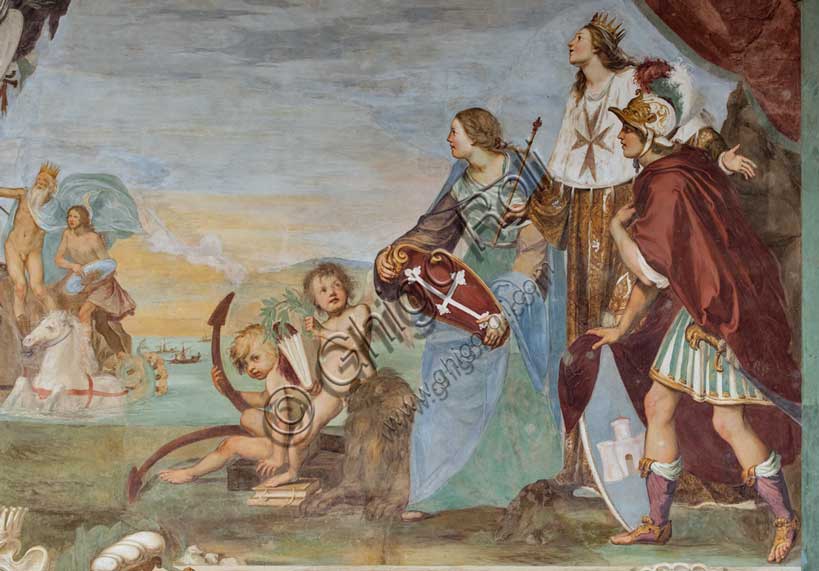 Villa medicea La Petraia, cortile:  “Predominio della Toscana sul mare”, affresco del ciclo dei Fasti Medicei del Volterrano (Baldassarre Franceschini), 1636-1647.La scena è ambientata a Livorno, porto mediceo e città ideala rifondata da Francesco I de' Medici e suo fratello Ferdinando I, all'ombra del monumento dei Quattro Mori, con la statua di Ferdinando incoronata da due vittorie alate. Al centro, sullo sfondo procede il cocchio di Nettuno, con Galatea e Perseo (reggente lo scudo di Medusa), a cui il dio del mare indica la statua. Essi navigano tra un nutrito gruppo di galee dell'Ordine di Santo Stefano.A destra, davanti a un drappo retto da putti in volto e sotto una personificazione della Fama, si vedono le allegorie della Toscana (con lo scudo crociato), del Granducato (con corona, scettro e mantella con la crode dell'Ordine) e di Livorno, con lo stemma col castello. Particolare.