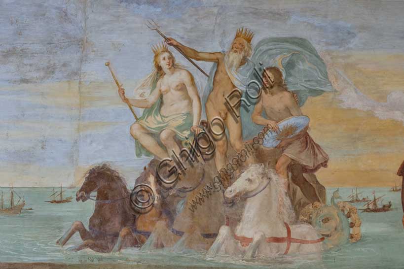 Villa medicea La Petraia, cortile:  “Predominio della Toscana sul mare”, affresco del ciclo dei Fasti Medicei del Volterrano (Baldassarre Franceschini), 1636-1647.La scena è ambientata a Livorno, porto mediceo e città ideala rifondata da Francesco I de' Medici e suo fratello Ferdinando I, all'ombra del monumento dei Quattro Mori, con la statua di Ferdinando incoronata da due vittorie alate. Al centro, sullo sfondo procede il cocchio di Nettuno, con Galatea e Perseo (reggente lo scudo di Medusa), a cui il dio del mare indica la statua. Essi navigano tra un nutrito gruppo di galee dell'Ordine di Santo Stefano.A destra, davanti a un drappo retto da putti in volto e sotto una personificazione della Fama, si vedono le allegorie della Toscana (con lo scudo crociato), del Granducato (con corona, scettro e mantella con la crode dell'Ordine) e di Livorno, con lo stemma col castello. Particolare.