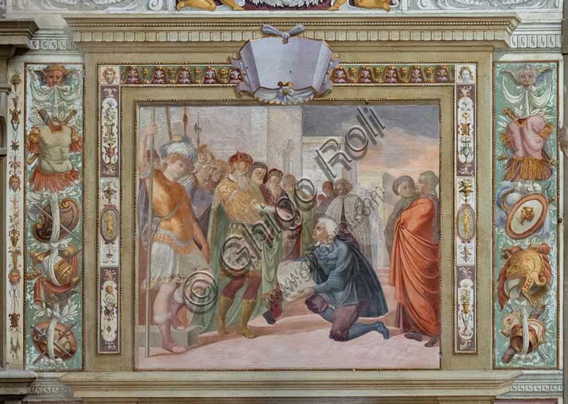 Villa medicea La Petraia, cortile: “Presentazione di un progetto al re”, uno dei riquadri dal ciclo delle “Gesta di Goffredo di Buglione alla presa di Gerusalemme”; affreschi di Cosimo Daddi, 1589-94 circa.