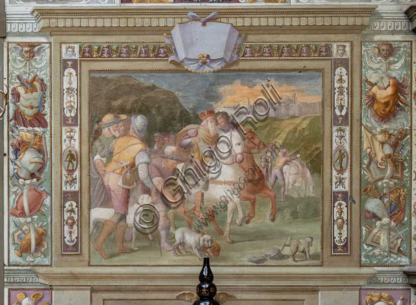 Villa medicea La Petraia, cortile: “Scena di caccia”, uno dei riquadri dal ciclo delle “Gesta di Goffredo di Buglione alla presa di Gerusalemme”; affreschi di Cosimo Daddi, 1589-94 circa.