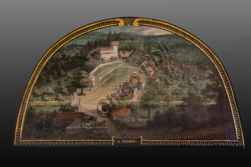 Medici Villa La Petraia: “the Medici villa del Trebbio”, in the lunette called “Il Trebbio”, one of the fourteen lunettes by Giusto Utens, Italianized name of Iustus van Utens, 1599-1602. This villa is located in San Piero a Sieve.The lunettes present idyllic aerial views of calligraphic precision, very decorative and precious evidence of the appearance of these buildings in the past. They were painted for the Medici villa of Artimino as an "inventory" (today we would say "cadastre") of the possessions of the Grand Duke Ferdinando I de' Medici, and after various moves, they are preserved today in the Villa La Petraia. Originally there were 17, but only 14 have reached us.