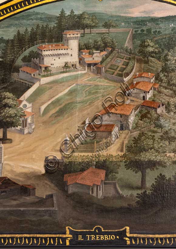 Villa medicea La Petraia: “la villa Medicea del Trebbio”, nella lunetta denominata “il Trebbio”,  una delle quattordici lunette di Giusto Utens, nome italianizzato di Iustus van Utens, 1599-1602. Tale villa si trova a San Piero a Sieve.Le lunette presentano  idilliache vedute aeree di precisione calligrafica, molto decorative e preziose testimonianze sull'aspetto di questi edifici nel passato. Esse furono dipinte per la villa Medicea di Artimino come "inventario" (diremmo oggi "catasto") dei possedimenti del granduca Ferdinando I de' Medici, e dopo vari spostamenti, sono conservate oggi nella villa la Petraia. In origine erano 17, ma solo 14 ci sono pervenute.Particolare.