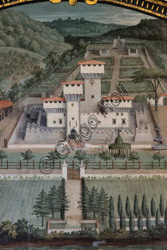 Medici Villa La Petraia: “the Medici villa di Cafaggiolo”, in the lunette called “Cafagiolo”, one of the fourteen lunettes by Giusto Utens, Italianized name of Iustus van Utens, 1599-1602. This villa is located in Barberino di Mugello.The lunettes present idyllic aerial views of calligraphic precision, very decorative and precious evidence of the appearance of these buildings in the past. They were painted for the Medici villa of Artimino as an "inventory" (today we would say "cadastre") of the possessions of the Grand Duke Ferdinando I de' Medici, and after various moves, they are preserved today in the Villa La Petraia. Originally there were 17, but only 14 have reached us.Detail.