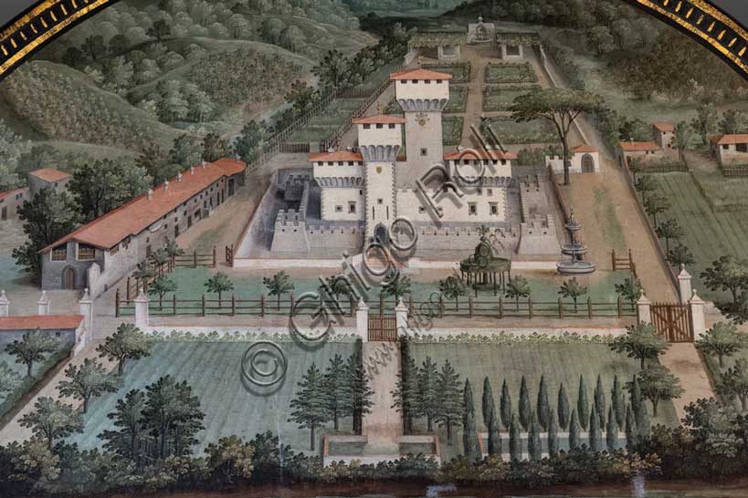 Medici Villa La Petraia: “the Medici villa di Cafaggiolo”, in the lunette called “Cafagiolo”, one of the fourteen lunettes by Giusto Utens, Italianized name of Iustus van Utens, 1599-1602. This villa is located in Barberino di Mugello.The lunettes present idyllic aerial views of calligraphic precision, very decorative and precious evidence of the appearance of these buildings in the past. They were painted for the Medici villa of Artimino as an "inventory" (today we would say "cadastre") of the possessions of the Grand Duke Ferdinando I de' Medici, and after various moves, they are preserved today in the Villa La Petraia. Originally there were 17, but only 14 have reached us.Detail.