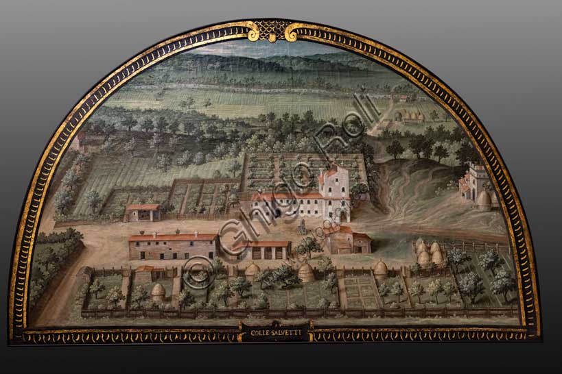 Medici Villa La Petraia: “the Medici villa of Collesalvetti”, in the lunette “Colle Salvetti”, one of the fourteen lunettes by Giusto Utens, Italianized name of Iustus van Utens, 1599-1602. The lunettes present idyllic aerial views of calligraphic precision, very decorative and precious evidence of the appearance of these buildings in the past. They were painted for the Medici villa of Artimino as an "inventory" (today we would say "cadastre") of the possessions of the Grand Duke Ferdinando I de' Medici, and after various moves, they are preserved today in the Villa La Petraia. Originally there were 17, but only 14 have reached us.