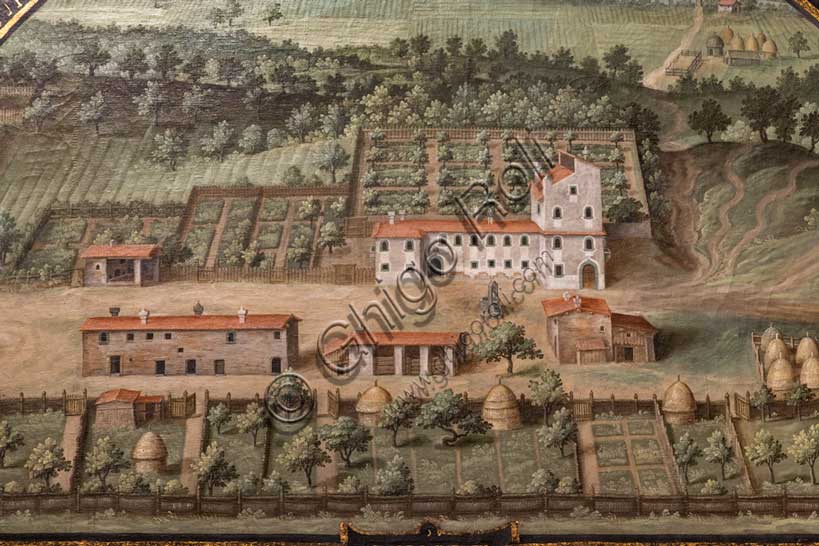 Villa medicea La Petraia: “la villa Medicea di Collesalvetti” , nella lunetta “Colle Salvetti”, una delle quattordici lunette di Giusto Utens, nome italianizzato di Iustus van Utens, 1599-1602. Le lunette presentano  idilliache vedute aeree di precisione calligrafica, molto decorative e preziose testimonianze sull'aspetto di questi edifici nel passato. Esse furono dipinte per la villa Medicea di Artimino come "inventario" (diremmo oggi "catasto") dei possedimenti del granduca Ferdinando I de' Medici, e dopo vari spostamenti, sono conservate oggi nella villa la Petraia. In origine erano 17, ma solo 14 ci sono pervenute.Particolare.