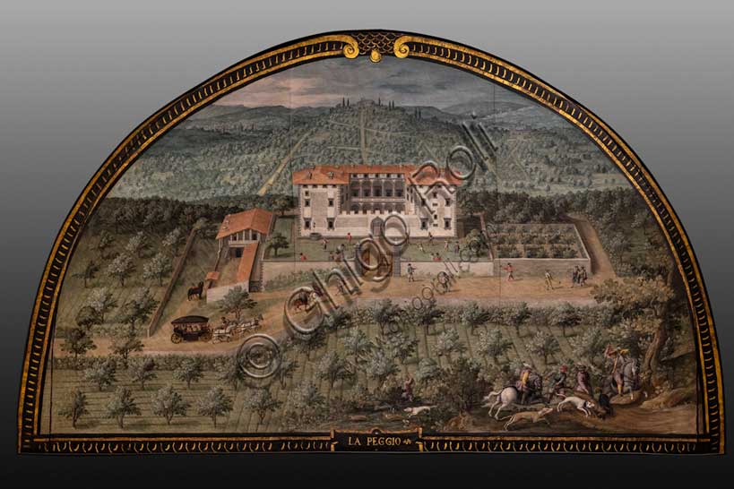 Medici Villa La Petraia: “the Medici villa of Lappeggi”, in the lunette called “La Peggio”, one of the fourteen lunettes by Giusto Utens, Italianized name of Iustus van Utens, 1599-1602. This villa is located between the towns of Antella and Grassina, hamlets of Bagno a Ripoli.The lunettes present idyllic aerial views of calligraphic precision, very decorative and precious evidence of the appearance of these buildings in the past. They were painted for the Medici villa of Artimino as an "inventory" (today we would say "cadastre") of the possessions of the Grand Duke Ferdinando I de' Medici, and after various moves, they are preserved today in the Villa La Petraia. Originally there were 17, but only 14 have reached us.