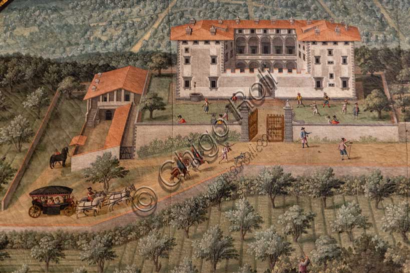 Medici Villa La Petraia: “the Medici villa of Lappeggi”, in the lunette called “La Peggio”, one of the fourteen lunettes by Giusto Utens, Italianized name of Iustus van Utens, 1599-1602. This villa is located between the towns of Antella and Grassina, hamlets of Bagno a Ripoli.The lunettes present idyllic aerial views of calligraphic precision, very decorative and precious evidence of the appearance of these buildings in the past. They were painted for the Medici villa of Artimino as an "inventory" (today we would say "cadastre") of the possessions of the Grand Duke Ferdinando I de' Medici, and after various moves, they are preserved today in the Villa La Petraia. Originally there were 17, but only 14 have reached us.Detail.