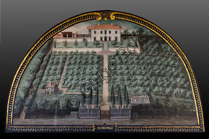 Medici Villa La Petraia: “the Medici villa of Marignolle”, in the lunette called “Marignolle”, one of the fourteen lunettes by Giusto Utens, Italianized name of Iustus van Utens, 1599-1602. This villa is located on the hills between Soffiano and Galluzzo near Florence. The lunettes present idyllic aerial views of calligraphic precision, very decorative and precious evidence of the appearance of these buildings in the past. They were painted for the Medici villa of Artimino as an "inventory" (today we would say "cadastre") of the possessions of the Grand Duke Ferdinando I de' Medici, and after various moves, they are preserved today in the Villa La Petraia. Originally there were 17, but only 14 have reached us.