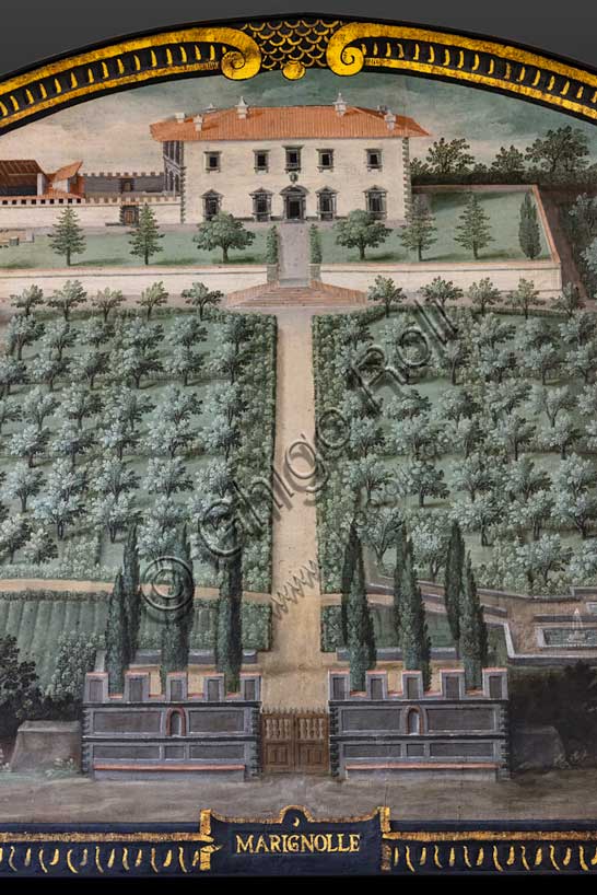 Villa medicea La Petraia: “la villa Medicea di Marignolle”, nella lunetta denominata “Marignolle”,  una delle quattordici lunette di Giusto Utens, nome italianizzato di Iustus van Utens, 1599-1602. Tale villa si trova sulle colline tra Soffiano e il Galluzzo a Firenze.Le lunette presentano  idilliache vedute aeree di precisione calligrafica, molto decorative e preziose testimonianze sull'aspetto di questi edifici nel passato. Esse furono dipinte per la villa Medicea di Artimino come "inventario" (diremmo oggi "catasto") dei possedimenti del granduca Ferdinando I de' Medici, e dopo vari spostamenti, sono conservate oggi nella villa la Petraia. In origine erano 17, ma solo 14 ci sono pervenute.Particolare.