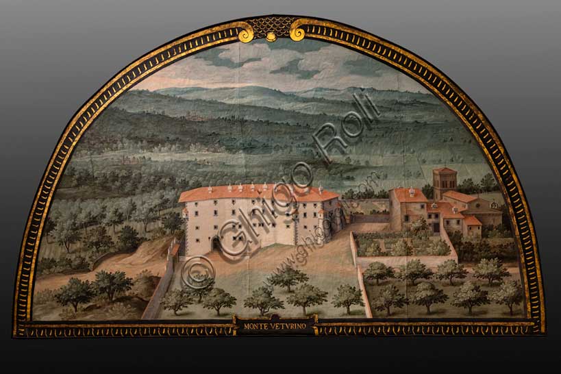 Medici Villa La Petraia: “the Medici villa of Montevettolini” in Monsummano Terme, in the lunette “Veturino Mountain”, one of the fourteen lunettes by Giusto Utens, Italianized name of Iustus van Utens, 1599-1602. The lunettes present idyllic aerial views of calligraphic precision, very decorative and precious evidence of the appearance of these buildings in the past. They were painted for the Medici villa of Artimino as an "inventory" (today we would say "cadastre") of the possessions of the Grand Duke Ferdinando I de' Medici, and after various moves, they are preserved today in the Villa La Petraia. Originally there were 17, but only 14 have reached us.