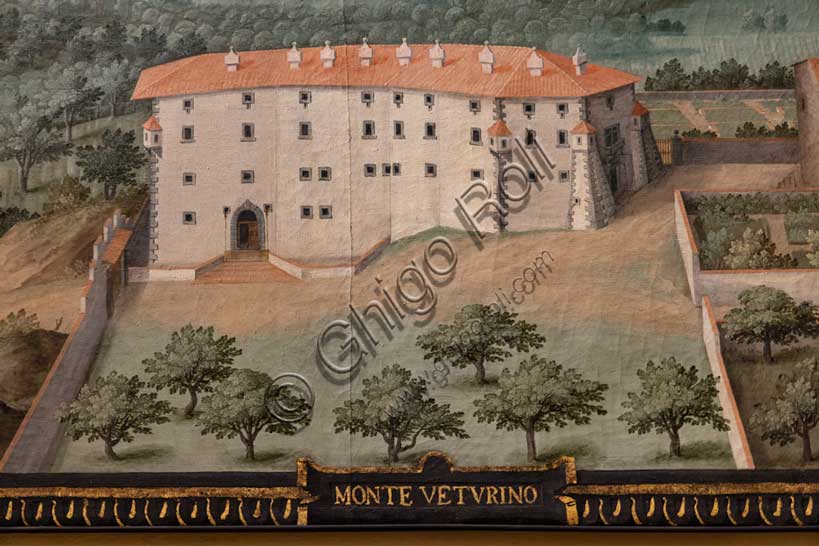 Villa medicea La Petraia: “la villa Medicea di Montevettolini” a Monsummano Terme, nella lunetta “monte Veturino”, una delle quattordici lunette di Giusto Utens, nome italianizzato di Iustus van Utens, 1599-1602. Le lunette presentano  idilliache vedute aeree di precisione calligrafica, molto decorative e preziose testimonianze sull'aspetto di questi edifici nel passato. Esse furono dipinte per la villa Medicea di Artimino come "inventario" (diremmo oggi "catasto") dei possedimenti del granduca Ferdinando I de' Medici, e dopo vari spostamenti, sono conservate oggi nella villa la Petraia. In origine erano 17, ma solo 14 ci sono pervenute.Particolare.