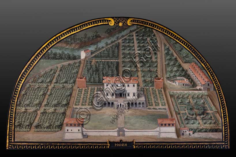 Villa medicea La Petraia: “la villa Medicea di Poggio a Caiano”, nella lunetta denominata “Poggio”,  una delle quattordici lunette di Giusto Utens, nome italianizzato di Iustus van Utens, 1599-1602. Tale villa si trova a Poggio a Caiano (Prato).Le lunette presentano  idilliache vedute aeree di precisione calligrafica, molto decorative e preziose testimonianze sull'aspetto di questi edifici nel passato. Esse furono dipinte per la villa Medicea di Artimino come "inventario" (diremmo oggi "catasto") dei possedimenti del granduca Ferdinando I de' Medici, e dopo vari spostamenti, sono conservate oggi nella villa la Petraia. In origine erano 17, ma solo 14 ci sono pervenute.