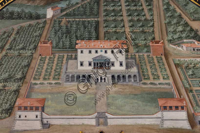 Villa medicea La Petraia: “la villa Medicea di Poggio a Caiano”, nella lunetta denominata “Poggio”,  una delle quattordici lunette di Giusto Utens, nome italianizzato di Iustus van Utens, 1599-1602. Tale villa si trova a Poggio a Caiano (Prato).Le lunette presentano  idilliache vedute aeree di precisione calligrafica, molto decorative e preziose testimonianze sull'aspetto di questi edifici nel passato. Esse furono dipinte per la villa Medicea di Artimino come "inventario" (diremmo oggi "catasto") dei possedimenti del granduca Ferdinando I de' Medici, e dopo vari spostamenti, sono conservate oggi nella villa la Petraia. In origine erano 17, ma solo 14 ci sono pervenute.Particolare.