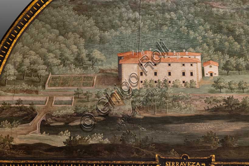 Villa medicea La Petraia: “la villa Medicea di Seravezza”, nella lunetta denominata “Seravezza”,  una delle quattordici lunette di Giusto Utens, nome italianizzato di Iustus van Utens, 1599-1602. Tale villa si trova in provincia di Lucca.Le lunette presentano  idilliache vedute aeree di precisione calligrafica, molto decorative e preziose testimonianze sull'aspetto di questi edifici nel passato. Esse furono dipinte per la villa Medicea di Artimino come "inventario" (diremmo oggi "catasto") dei possedimenti del granduca Ferdinando I de' Medici, e dopo vari spostamenti, sono conservate oggi nella villa la Petraia. In origine erano 17, ma solo 14 ci sono pervenute.Particolare.