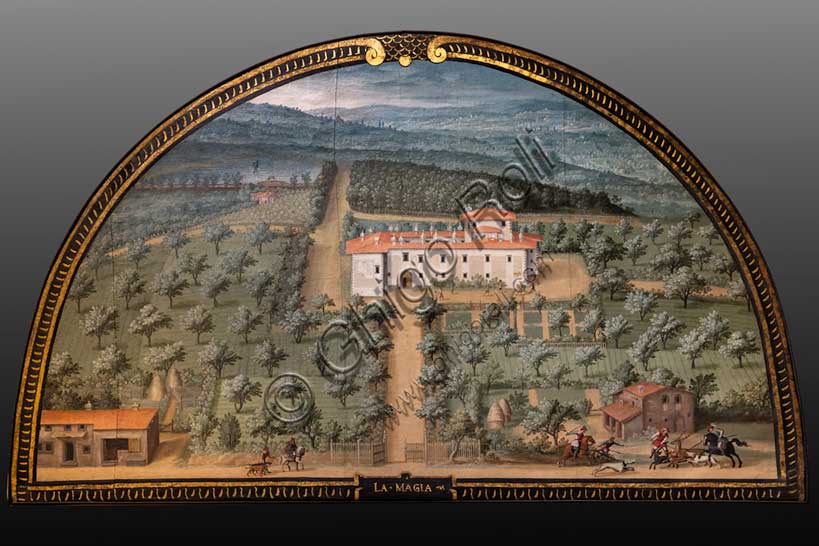 Villa medicea La Petraia: “la villa Medicea La Magia”, nella lunetta denominata “La Magia”,  una delle quattordici lunette di Giusto Utens, nome italianizzato di Iustus van Utens, 1599-1602. Tale villa si trova a Quarrata.Le lunette presentano  idilliache vedute aeree di precisione calligrafica, molto decorative e preziose testimonianze sull'aspetto di questi edifici nel passato. Esse furono dipinte per la villa Medicea di Artimino come "inventario" (diremmo oggi "catasto") dei possedimenti del granduca Ferdinando I de' Medici, e dopo vari spostamenti, sono conservate oggi nella villa la Petraia. In origine erano 17, ma solo 14 ci sono pervenute.