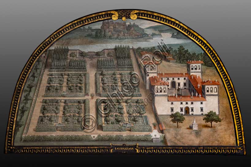 Medici Villa La Petraia: “the Medici villa L’ambrogiana”, in the lunette called “L’Ambrogiana”, one of the fourteen lunettes by Giusto Utens, Italianized name of Iustus van Utens, 1599-1602. This villa is located near Montelupo fiorentino.The lunettes present idyllic aerial views of calligraphic precision, very decorative and precious evidence of the appearance of these buildings in the past. They were painted for the Medici villa of Artimino as an "inventory" (today we would say "cadastre") of the possessions of the Grand Duke Ferdinando I de' Medici, and after various moves, they are preserved today in the Villa La Petraia. Originally there were 17, but only 14 have reached us.