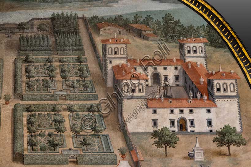 Villa medicea La Petraia: “la villa Medicea L’Ambrogiana”, nella lunetta denominata “L’Ambrogiana”,  una delle quattordici lunette di Giusto Utens, nome italianizzato di Iustus van Utens, 1599-1602. Tale villa si trova nei pressi di Montelupo fiorentino.Le lunette presentano  idilliache vedute aeree di precisione calligrafica, molto decorative e preziose testimonianze sull'aspetto di questi edifici nel passato. Esse furono dipinte per la villa Medicea di Artimino come "inventario" (diremmo oggi "catasto") dei possedimenti del granduca Ferdinando I de' Medici, e dopo vari spostamenti, sono conservate oggi nella villa la Petraia. In origine erano 17, ma solo 14 ci sono pervenute.Particolare.