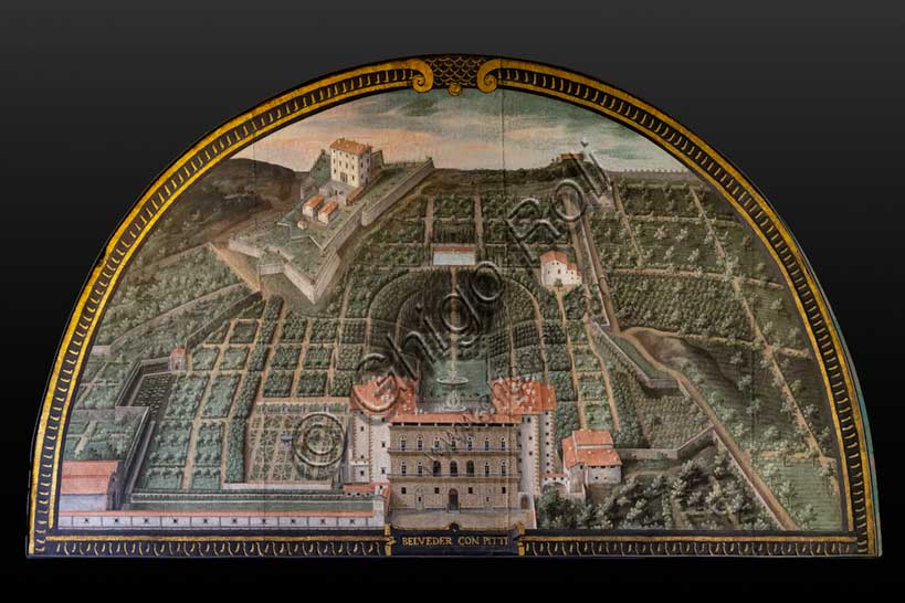 Medici Villa La Petraia: “Pitti Palace, Buboli Gardens and Belvedere Fort” in Florence,  in the lunette called “Belveder con Pitti”, one of the fourteen lunettes by Giusto Utens, Italianized name of Iustus van Utens, 1599-1602. This villa is located in Barberino di Mugello.The lunettes present idyllic aerial views of calligraphic precision, very decorative and precious evidence of the appearance of these buildings in the past. They were painted for the Medici villa of Artimino as an "inventory" (today we would say "cadastre") of the possessions of the Grand Duke Ferdinando I de' Medici, and after various moves, they are preserved today in the Villa La Petraia. Originally there were 17, but only 14 have reached us.