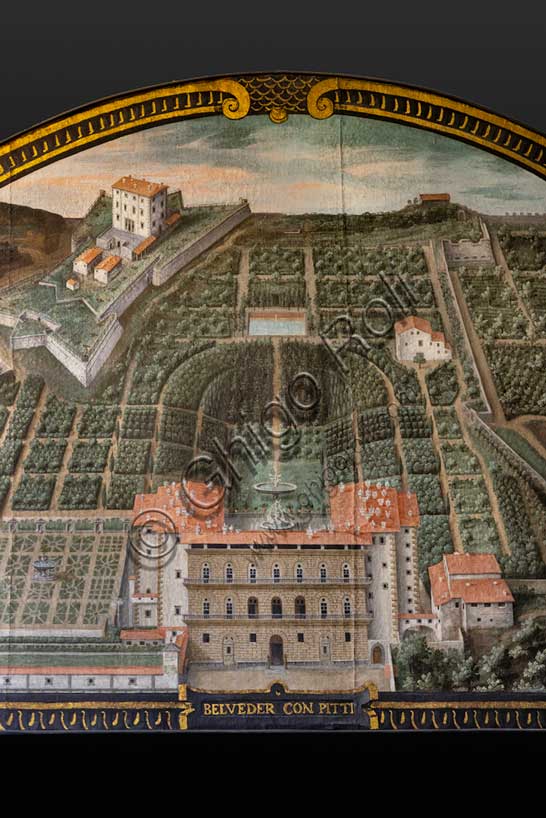 Medici Villa La Petraia: “Pitti Palace, Buboli Gardens and Belvedere Fort” in Florence,  in the lunette called “Belveder con Pitti”, one of the fourteen lunettes by Giusto Utens, Italianized name of Iustus van Utens, 1599-1602. This villa is located in Barberino di Mugello.The lunettes present idyllic aerial views of calligraphic precision, very decorative and precious evidence of the appearance of these buildings in the past. They were painted for the Medici villa of Artimino as an "inventory" (today we would say "cadastre") of the possessions of the Grand Duke Ferdinando I de' Medici, and after various moves, they are preserved today in the Villa La Petraia. Originally there were 17, but only 14 have reached us.Detail.