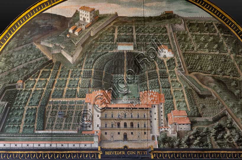 Villa medicea La Petraia: “Palazzo Pitti, Giardino di Buboli e Forte Belvedere” a Firenze, nella lunetta denominata “Belveder con Pitti”,  una delle quattordici lunette di Giusto Utens, nome italianizzato di Iustus van Utens, 1599-1602. Le lunette presentano  idilliache vedute aeree di precisione calligrafica, molto decorative e preziose testimonianze sull'aspetto di questi edifici nel passato. Esse furono dipinte per la villa Medicea di Artimino come "inventario" (diremmo oggi "catasto") dei possedimenti del granduca Ferdinando I de' Medici, e dopo vari spostamenti, sono conservate oggi nella villa la Petraia. In origine erano 17, ma solo 14 ci sono pervenute.Particolare.