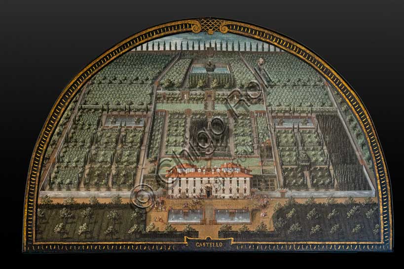 Villa medicea La Petraia: “Villa medicea di Castello”, nella lunetta denominata “Castello”,  una delle quattordici lunette di Giusto Utens, nome italianizzato di Iustus van Utens, 1599-1602.  Tale villa si trova nella zona collinare Castello di Firenze.Le lunette presentano  idilliache vedute aeree di precisione calligrafica, molto decorative e preziose testimonianze sull'aspetto di questi edifici nel passato. Esse furono dipinte per la villa Medicea di Artimino come "inventario" (diremmo oggi "catasto") dei possedimenti del granduca Ferdinando I de' Medici, e dopo vari spostamenti, sono conservate oggi nella villa la Petraia. In origine erano 17, ma solo 14 ci sono pervenute.