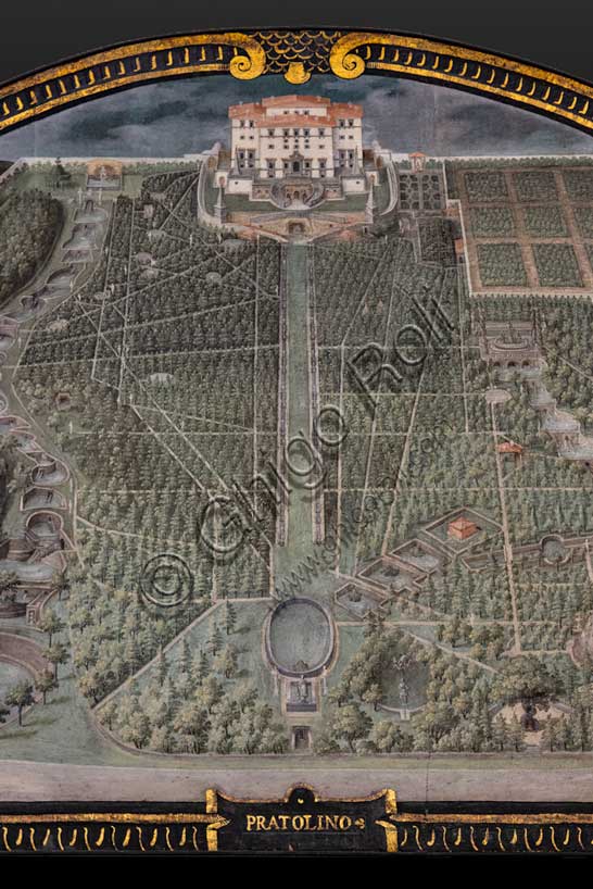 Villa medicea La Petraia: “Villa medicea di Pratolino”, nella lunetta denominata “Pratolino”,  una delle quattordici lunette di Giusto Utens, nome italianizzato di Iustus van Utens, 1599-1602.  Tale villa si trova a Pratolino nei pressi di Vaglia.Le lunette presentano  idilliache vedute aeree di precisione calligrafica, molto decorative e preziose testimonianze sull'aspetto di questi edifici nel passato. Esse furono dipinte per la villa Medicea di Artimino come "inventario" (diremmo oggi "catasto") dei possedimenti del granduca Ferdinando I de' Medici, e dopo vari spostamenti, sono conservate oggi nella villa la Petraia. In origine erano 17, ma solo 14 ci sono pervenute.Particolare.